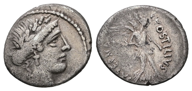 L. Hostilius Saserna, 48 BC. AR, Denarius. 3.41 g. 18.98 mm. Rome.
Obv: Female h...
