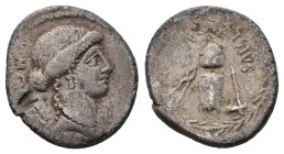 T. Carisius, 46 BC. AR, Denarius. 3.82 g. 19.43 mm. Rome.
Obv: MO[NETA]. Head of Juno Moneta, right. 
Rev: T·CARISIVS. Anvil die with garlanded punch ...