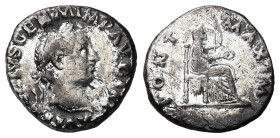 Vitellius, AD 69. AR, Denarius. 2.95 g. 17.66 mm. Rome.
Obv: A VI[TEL]LIVS GERM IMP AVG TR P. Head of Vitellius, laureate, right.
Rev: PONT MAXIM. Ves...