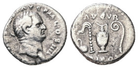 Vespasian, 69-79 AD. AR, Denarius. 2.41 g. 17.01 mm. Rome.
Obv: [IMP CAES VESP] AVG P M COS IIII. Head of Vespasian, laureate, right.
Rev: AVGVR TRI P...