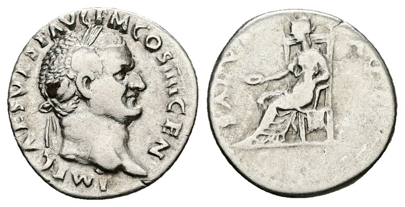 Vespasian, AD 69-79. AR, Denarius. 3.23 g. 18.72 mm. Rome.
Obv: IMP CAES VESP AV...