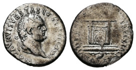Titus, AD 79-81. AR, Denarius. 2.65 g. 18.36 mm. Rome.
Obv: IMP TITVS CAES VESPASIAN AVG P M. Head of Titus, laureate, right.
Rev: Square seat draped,...