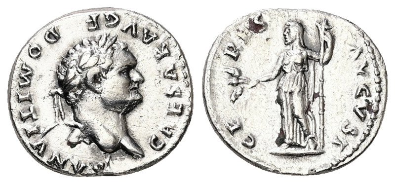 Domitian, as Caesar, AD 69-81. AR, Denarius. 3.31 g. 18.29 mm. Rome.
Obv: CAESAR...