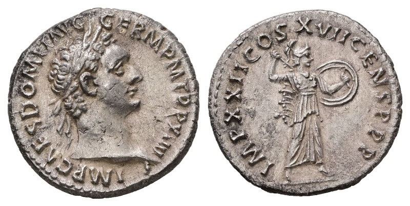 Domitian, AD 81-96. AR, Denarius. 3.40 g. 18.06 mm. Rome.
Obv: IMP CAES DOMIT AV...