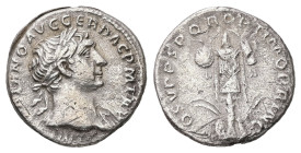 Trajan, AD 98-117. AR, Denarius. 2.76 g. 17.42 mm. Rome.
Obv: IMP TRAIANO AVG GER DAC P M TR P. Bust of Trajan, laureate, draped, right
Rev: COS V P P...