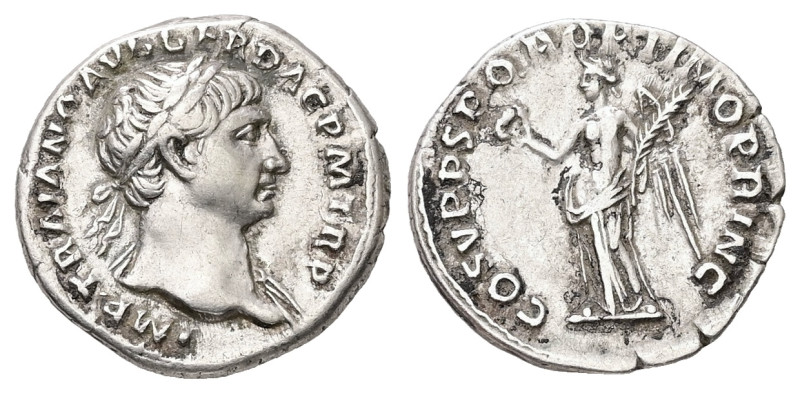 Trajan, AD 98-117. AR, Denarius. 3.09 g. 18.72 mm. Rome.
Obv: IMP TRAIANO AVG GE...