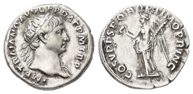 Trajan, AD 98-117. AR, Denarius. 3.09 g. 18.72 mm. Rome.
Obv: IMP TRAIANO AVG GER DAC P M TR P. Bust of Trajan, laureate, right, draped on left should...