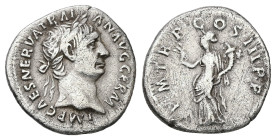 Trajan, 98-117 AD. AR, Denarius. 3.00 g. 18.36 mm. Rome.
Obv: IMP CAES NERVA TRAIAN AVG GERM. Head of Trajan, laureate, right.
Rev: P M TR P COS IIII ...
