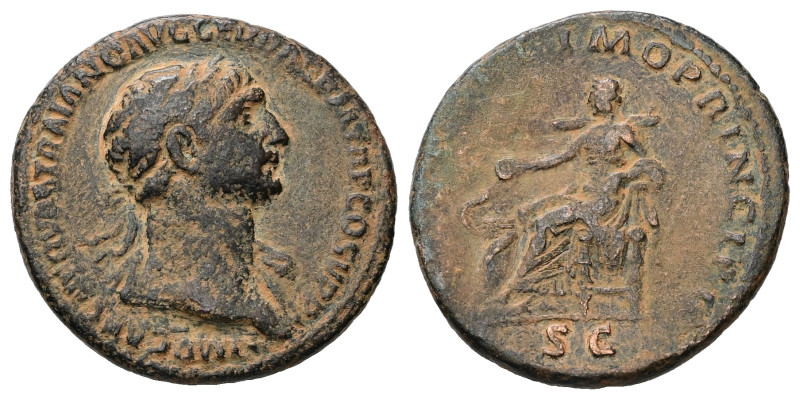 Trajan, AD 98-117. AE, As. 10.30 g. 27.29 mm. Rome.
Obv: IMP CAES NERVAE TRAIANO...