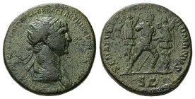 Trajan, AD 98-117. AE, Dupondius. 12.14 g. 25.95 mm. Rome.
Obv: [IMP CAES NER TRAIANO] OPTIMO AVG GER DAC PARTHICO P M TR P COS VI P P. Bust of Trajan...