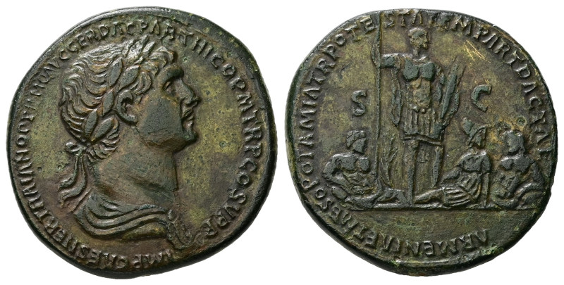 Trajan, AD 98-117. AE, Sestertius. 21.69 g. 32.60 mm. Rome.
Obv: IMP CAES NER TR...