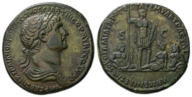 Trajan, AD 98-117. AE, Sestertius. 21.69 g. 32.60 mm. Rome.
Obv: IMP CAES NER TRAIANO OPTIMO AVG GER DAC P M TR P COS V[I] P P. Bust of Trajan, laurea...