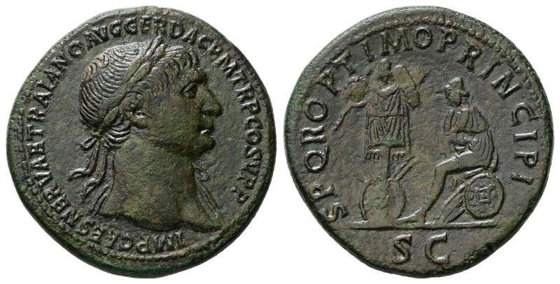 Trajan, AD 98-117. AE, Sestertius. 26.58 g. 34.13 mm. Rome.
Obv: IMP CAES NERVAE...