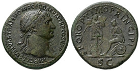 Trajan, AD 98-117. AE, Sestertius. 26.58 g. 34.13 mm. Rome.
Obv: IMP CAES NERVAE TRAIANO AVG GER DAC P M TR P COS V P P. Head of Trajan, laureate, rig...