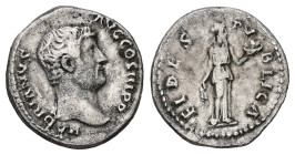 Hadrian, 117-138 AD. AR, Denarius. 3.20 g. 18.56 mm. Rome.
Obv: HADRIANVS AVG COS III P P. Head of Hadrian, bare, right.
Rev: FIDES PVBLICA. Fides sta...