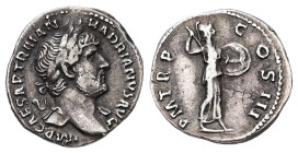 Hadrian, AD 117-138. AR, Denarius. 2.93 g. 18.17 mm. Rome.
Obv: IMP CAESAR TRAIAN HADRIANVS AVG. Head of Hadrian, laureate, right.
Rev: P M TR P COS I...