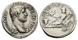 Hadrian, AD 117-138. AR, Denarius. 3.21 g. 18.01 mm. Rome. Circa AD 130-133.
Obv: HADRIANVS AVG COS III P P. Head of Hadrian, right.
Rev: AFRICA. Afri...
