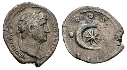 Hadrian, AD 117-138. AR, Denarius. 2.80 g. 20.20 mm. Rome.
Obv: HADRIANVS AVGVSTVS. Head of Hadrian, laureate, right.
Rev: COS III. Star within cresce...