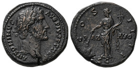 Antoninus Pius, AD 138-161. AE, Sestertius. 26.77 g. 30.68 mm. Rome.
Obv: ANTONINVS AVG PIVS P P TR P. Head of Antoninus Pius, laureate, right.
Rev: P...