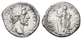 Antoninus Pius, AD 138-161. AR, Denarius. 2.88 g. 18.37 mm. Rome.
Obv: ANTONINVS AVG PIVS P P IMP II. Head of Antoninus Pius, laureate, right.
Rev: TR...