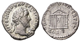 Antoninus Pius, AD 138-161. AR, Denarius. 2.86 g. 17.31 mm. Rome.
Obv:. Head of Antoninus Pius, laureate, right.
Rev: Octastyle temple, in which are s...