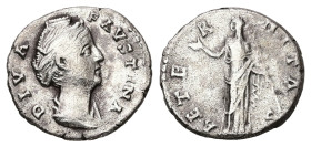 Diva Faustina I, died AD 140/1. AR, Denarius. 3.01 g. 17.18 mm. Rome.
Obv: DIVA FAVSTINA. Bust of Faustina I, draped, right, hair elaborately waved in...