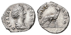 Diva Faustina I, died 140/1. AR, Denarius. 2.51 g. 16.98 mm. Rome.
Obv: DIVA FAVSTINA. Bust of Faustina I, draped, right, hair elaborately waved in se...