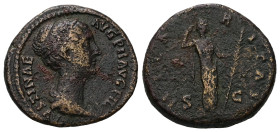 Faustina II, AD 147-175. AE, As. 12.19 g. 25.63 mm. Rome.
Obv: FAVSTINAE AVG PII AVG FIL. Draped bust of Faustina, right; wearing band of pearls in he...