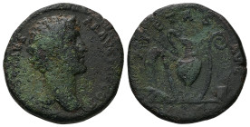 Marcus Aurelius, as Caesar, AD 139-161. AE, Sestertius. 23.19 g. 31.45 mm. Rome.
Obv: AVRELIVS CAESAR AVG PII F COS. Head of Marcus Aurelius, bare, ri...