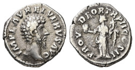 Lucius Verus, AD 161-169. AR, Denarius. 2.98 g. 17.65 mm. Rome.
Obv: IMP L AVREL VERVS AVG. Head of Lucius Verus, bare, right.
Rev: PROV DEOR TR P II ...