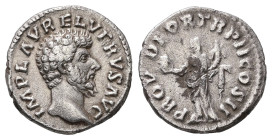 Lucius Verus, AD 161-169. AR, Denarius. 2.96 g. 17.42 mm. Rome.
Obv: IMP L AVREL VERVS AVG. Head of Lucius Verus, bare, right.
Rev: PROV DEOR TR P II ...