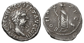 Septimius Severus, AD 193-211. AR, Denarius. 3.61 g. 17.93 mm. Emesa.
Obv: IMP CAE L SEP SEV PERT AVG COS II. Head of Septimius Severus, laureate, rig...