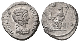 Julia Domna, AD 193-217. AR, Denarius. 2.16 g. 18.41 mm. Rome.
Obv: IVLIA PIA FELIX AVG. Bust of Julia Domna, hair elaborately waved in ridges and tur...