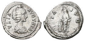 Julia Domna, AD 193-217. AR, Denarius. 2.66 g. 19.97 mm. Rome.
Obv: IVLIA AVGVSTA. Bust of Julia Domna, hair waved and coiled at back, draped, right.
...