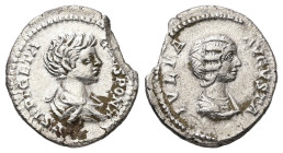 Julia Domna with Geta, AD 193-217. AR, Denarius. 2.33 g. 19.56 mm. Rome.
Obv: P SEPT GETA CAES PONT. Bust of Geta, bare-headed, draped, cuirassed, rig...