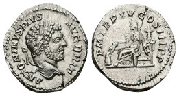 Caracalla, AD 197-217. AR, Denarius. 2.81 g. 19.17 mm. Rome.
Obv: ANTONINVS PIVS AVG BRIT. Head of Caracalla, laureate, right.
Rev: P M TR P XV COS II...