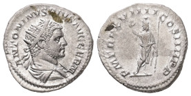Caracalla, AD 198-217. AR, Antoninianus. 5.39 g. 22.23 mm. Rome.
Obv: ANTONINVS PIVS AVG GERM. Bust of Caracalla, radiate, draped, cuirassed, right.
R...