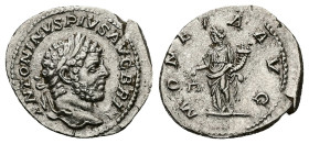 Caracalla, AD 198-211. AR, Denarius. 2.50 g. 20.07 mm. Rome.
Obv: ANTONINVS PIVS AVG BRIT. Head of Caracalla, laureate, bearded, right.
Rev: MONETA AV...