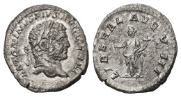 Caracalla, 198-217 AD. AR, Denarius. 2.74 g. 19.33 mm. Rome.
Obv: ANTONINVS PIVS AVG GERM. Head of Caracalla, laureate, bearded, right.
Rev: LIBERAL A...