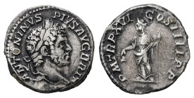 Caracalla, AD 198-217. AR, Denarius. 3.54 g. 17.80 mm. Rome.
Obv: ANTONINVS PIVS AVG BRIT. Head of Caracalla, laureate, right.
Rev: P M TR P XVI COS I...
