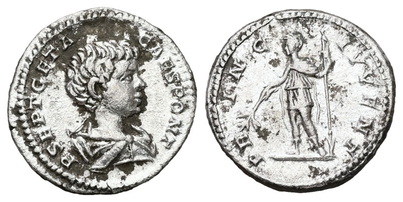 Geta as Caesar, AD 198-209. AR, Denarius. 2.87 g. 18.88 mm. Rome.
Obv: P SEPT GE...