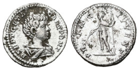 Geta as Caesar, AD 198-209. AR, Denarius. 2.87 g. 18.88 mm. Rome.
Obv: P SEPT GETA CAES PONT. Bust of Geta, bare-headed, draped, cuirassed, right.
Rev...