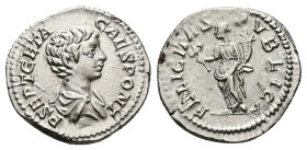 Geta as Caesar, AD 198-209. AR, Denarius. 3.51 g. 19.53 mm. Rome.
Obv: P SEPT GETA CAES PONT. Bust of Geta, bare-headed, draped, right.
Rev: FELICITAS...