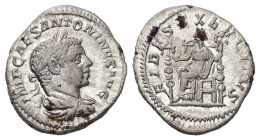 Elagabalus, AD 218-222. AR, Denarius. 2.99 g. 19.34 mm. Rome.
Obv: IMP CAES ANTONINVS AVG. Bust of Elagabalus, laureate, draped, cuirassed, right.
Rev...