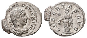 Elagabalus, 218-222 AD. AR, Denarius. 3.03 g. 21.48 mm. Rome.
Obv: IMP ANTONINVS PIVS AVG. Laureate and draped bust of Elagabalus right.
Rev: LIBERTAS...
