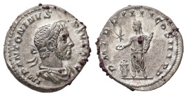 Elagabalus, AD 218-222. AR, Denarius. 3.55 g. 18.63 mm. Antioch.
Obv: IMP ANTONINVS PIVS AVG. Bust of Elagabalus, horned, laureate, draped, right.
Rev...