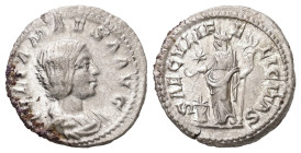 Julia Maesa, AD 218-224/5. AR, Denarius. 3.53 g. 19.97 mm. Rome.
Obv: IVLIA MAESA AVG. Bust of Julia Maesa, hair waved and turned up low at the back, ...