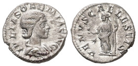 Julia Soemias, AD 218-222. AR, Denarius. 3.32 g. 18.26 mm. Rome.
Obv: IVLIA SOAEMIAS AVG. Bust of Julia Soaemias, hair waved and turned up low at the ...
