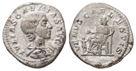 Julia Soemias, AD 218-222. AR, Denarius. 2.85 g. 19.69 mm. Rome.
Obv: IVLIA SOAEMIAS AVG. Bust of Julia Soaemias, hair waved and turned up low at the ...
