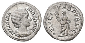 Julia Mamaea, AD 222-235. AR, Denarius. 3.36 g. 20.06 mm. Rome.
Obv: IVLIA MAMAEA AVG. Bust of Julia Mamaea, diademed, draped, right.
Rev: FELICITAS P...